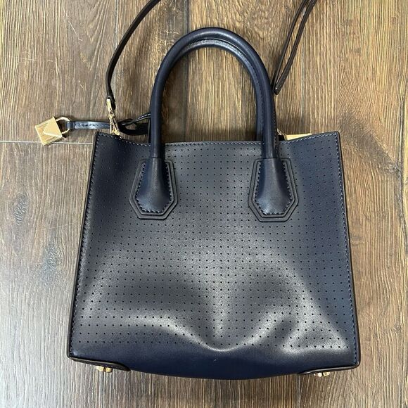 Michael Kors Mercer Perforated Leather Crossbody Bag-Navy - Picture 6 of 9